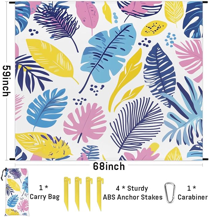 Waterproof Sandproof Beach Blanket 59''×68'' Leaves Collection Polyester Outdoor Picnic Blanket with 4 Stakes &amp Storage Bag for BeachCampingVacation White