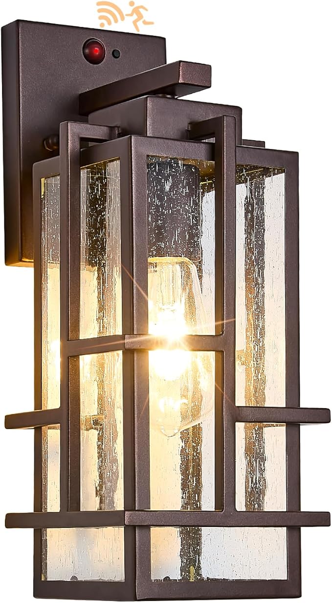 Motion Sensor Outdoor Wall Light Fixture Dusk to Dawn Porch Light Oil Rubbed Bronze Exterior Lighting with Seeded Tempered Glass Waterproof Outside Wall Mount Coach Lamp for House Patio Garage