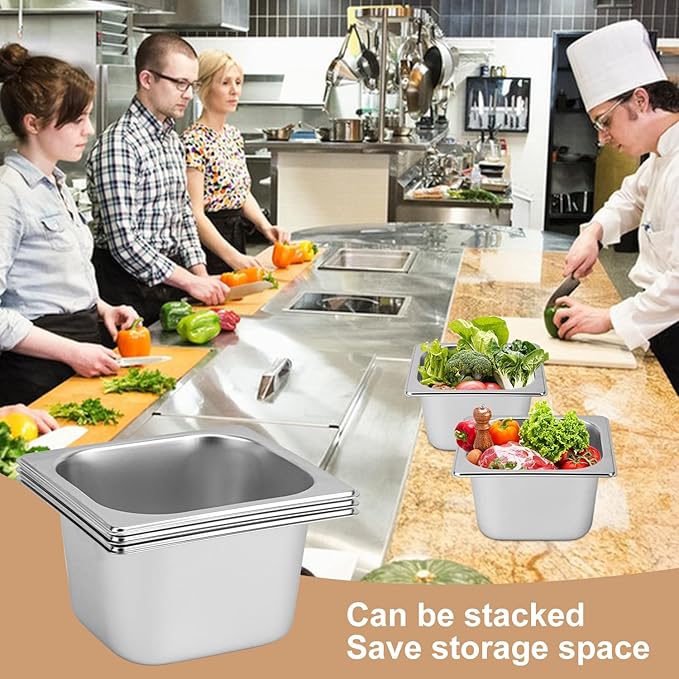 6 Pack 1/6 by 4-Inch Steam Table Pan201 Stainless Steel Anti-Jamming Steam Pan for Catering Buffet Restaurant Cake Shop Kitchen