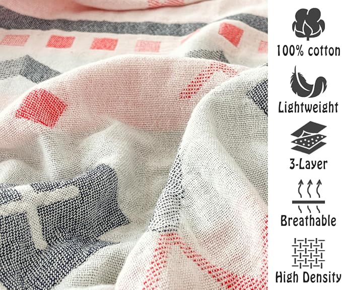 ITFRO Boho Cooling 3 Layer Cotton Muslin Blanket for Hot Sleepers Twin Size 60x80 Inches Lightweight Breathable Reversible Summer Camping Blanket All Seasons for Couch Sofa Bed (Boho Pink 60x80)