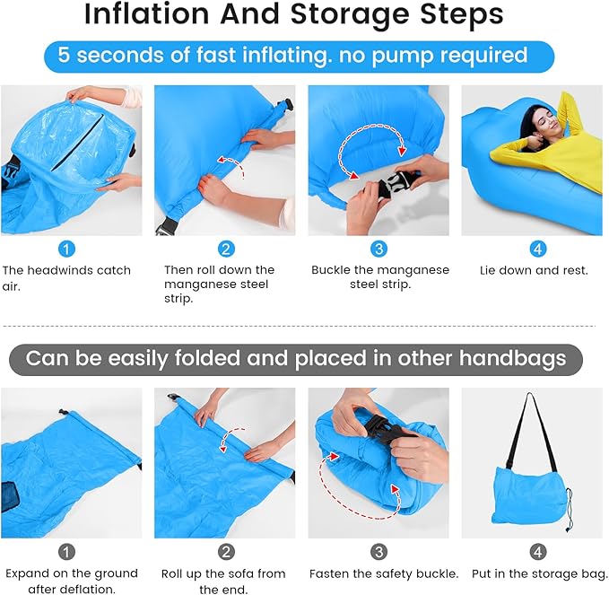 ele ELEOPTION Outdoor Inflatable Camping Couch Waterproof Portable Blow Up Air Sofa Chair Lounger for Backyard Beach Traveling Camping with Compression Sacks (Blue)