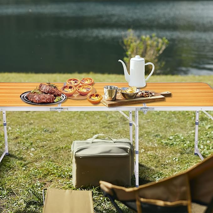 Folding Camping Table4FT Aluminum Folding Picnic Table with 3 Adjustable HeightHeavy Duty 3 Fold Utility TableIndoor Outdoor Portable Lightweight Beach Accessories with Carrying Handle (Wood Grain)