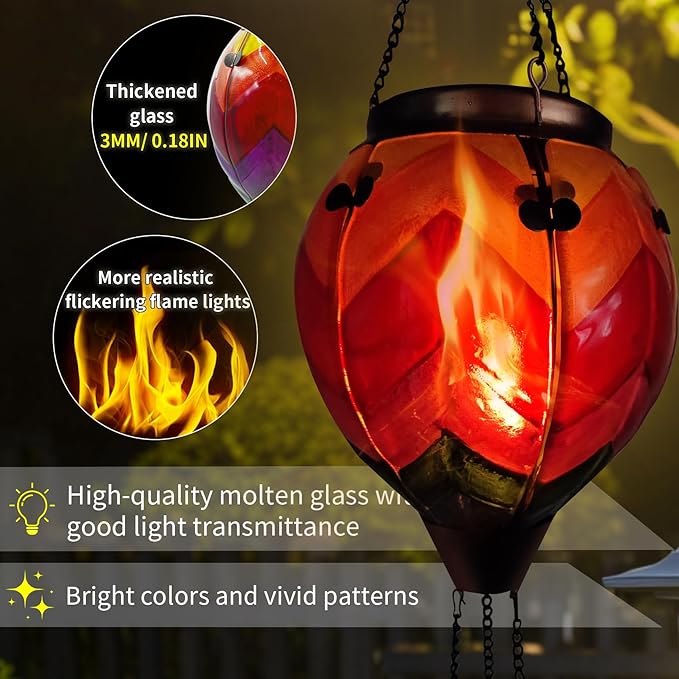 Glass Solar Hot Air Balloon Lantern with Flame Hanging Garden Flickering Light Outdoor Waterproof for Yard Patio Tree Mother's Day Gift Wavy-Colorful