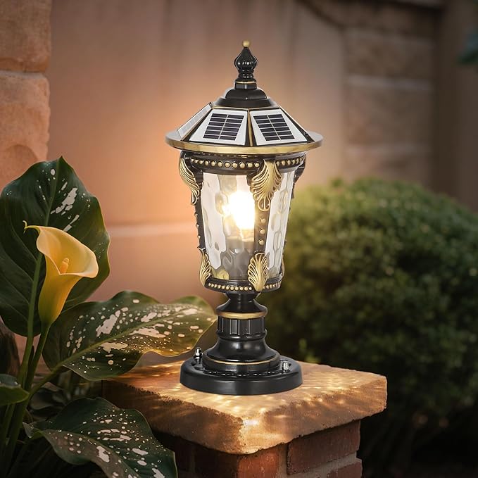 Solar Post Caps Lights for Outdoor 19.29In Black Pillar Lamps with Remote Control Column Lights Waterproof Landscape Pathway Lighting Exterior Fence Deck Caps Lanterns Gate Yard Mailbox Pier Lamps