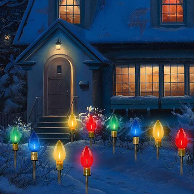 Abeja 2 Pack 7Ft C9 Outdoor Pathway Lights Outdoor Christmas Pathway Markers Stakes Lights with 8 Jumbo C9 Multicolor LED Bulbs Connectable Christmas Yard Decoration for Driveways Garden Holiday