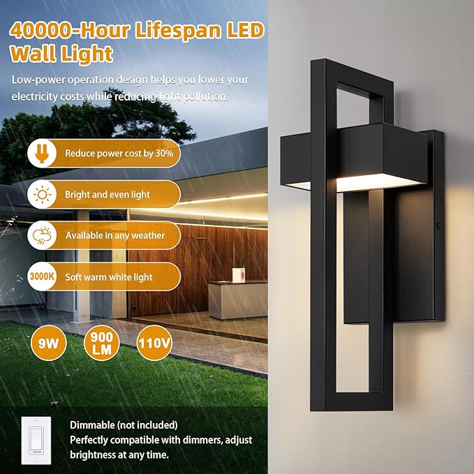 LamQee Outdoor Wall Lights Modern Exterior Lighting Fixtures 3000K Integrated LED Outdoor Wall Sconce Lighting 2 Packs Matte Black Outside Wall Mount Lights for House Front Door Porch Garage Patio
