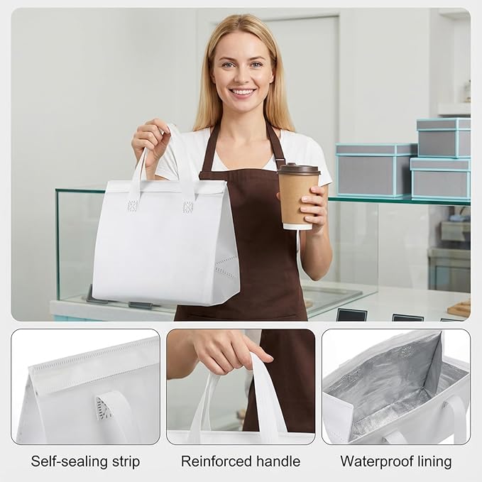 50PCS Insulated Take Away Bags Bulk Thermal Insulated Lunch Take Out Grocery Hot Cold Food Bags White Delivery Cooler Bag for Coffee Milk Catering Restaurant Grocery Picnic 9.5 x 9.5 x 6