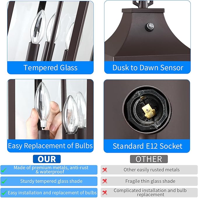 15.5'' Large Outdoor Pendant Light Fixtures 3-Light Dusk to Dawn Exterior Hanging Lantern Porch Light Adjustable Brown Hanging Lamp Farmhouse Exterior Chandelier Ceiling Mount for Entrance Patio
