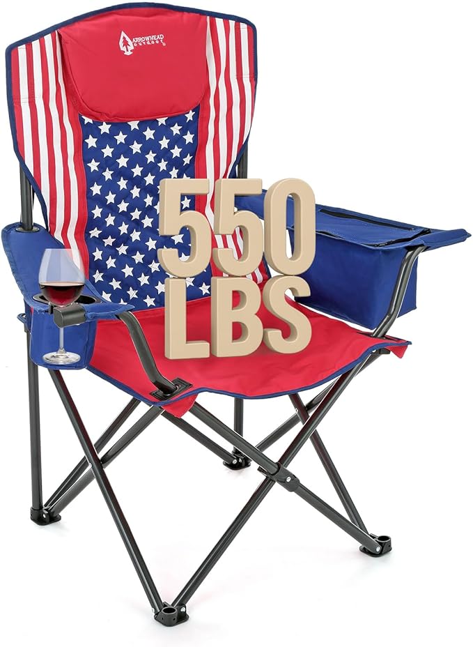 ARROWHEAD OUTDOOR Portable Deluxe Folding Camp Quad Chair w/Headrest Glass &amp Cup Holders Armest 6-can Cooler Heavy Duty Carry Bag 550 lbs Weight Capacity