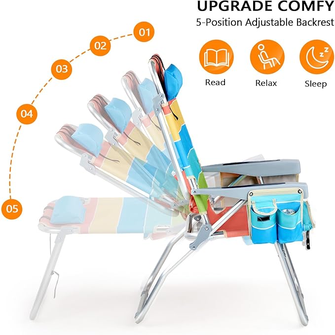 VINGLI Tall Beach Chair 2 Pack with 5-Position Cooler Bag Cup Holders Towel Bar Lightweight Folding Beach Camping Chairs for Adults(Rainbow-16)