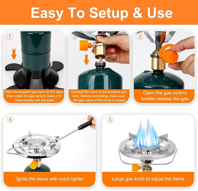 Camping Stove Propane Burner Portable Camp Stove with Foldable Gas Tank Base Adjustable Flame Backpacking Cooker for Camping Small Single Burner Propane Stoves Kit for Hiking Tent Outdoor Cooking