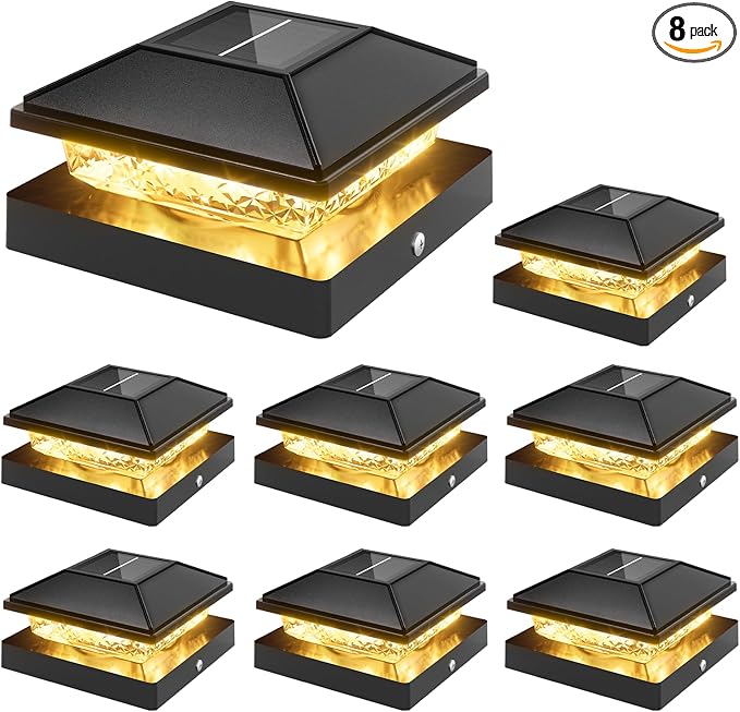 VOLISUN 4x4 Solar Fence - Post Cap Lights 8pack Outdoor Waterproof Black Deck Post Cap Light with Warm Whitefor 4x4 Wooden/4x4 Vinyl