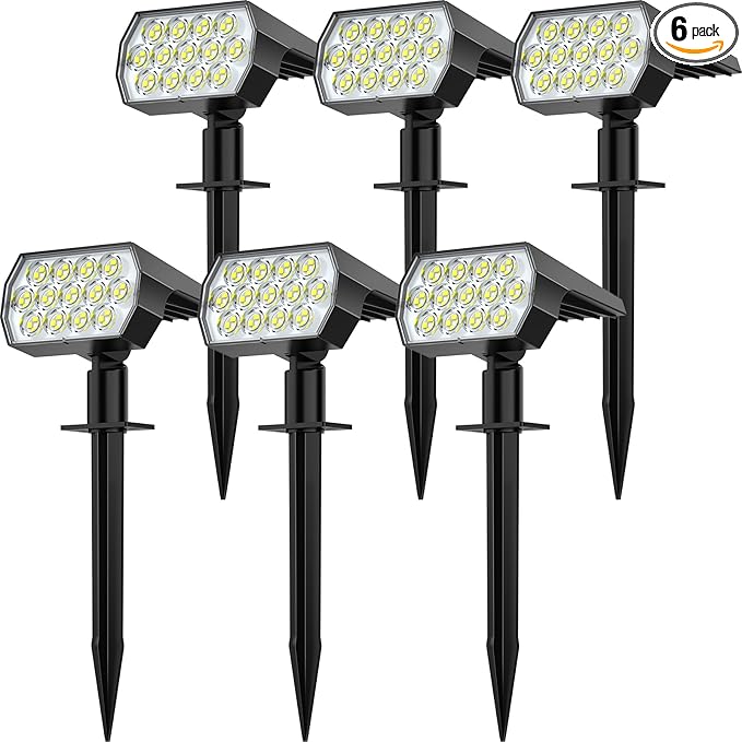 Solar Spot Lights Outdoor Waterproof IP65 [6 Pack/52 LED] 2-in-1 Solar Landscaping Spotlights 3 Lighting Modes Solar Powered Garden Flood Light for Patio Pathway Driveway Yard Pool (Cool White)