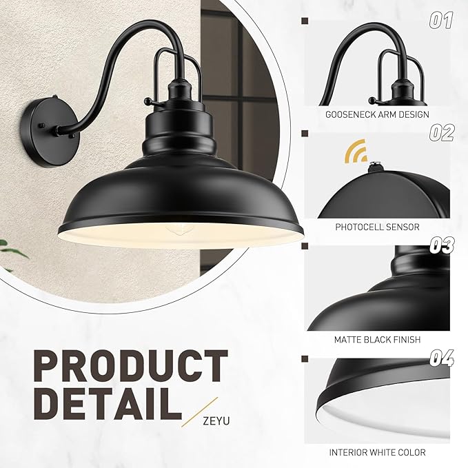 zeyu 18 Inch Dusk to Dawn Outdoor Barn Light 1-Light Wall Light Modern Wall Sconce for Garden Garage Matte Black Finish 016-1BL-PC BK