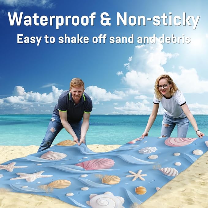 Waterproof Sandproof Beach Blanket 59''×68'' Ocean Decoration Shell Polyester Outdoor Picnic Blanket with 4 Stakes &amp Storage Bag for BeachCampingVacation