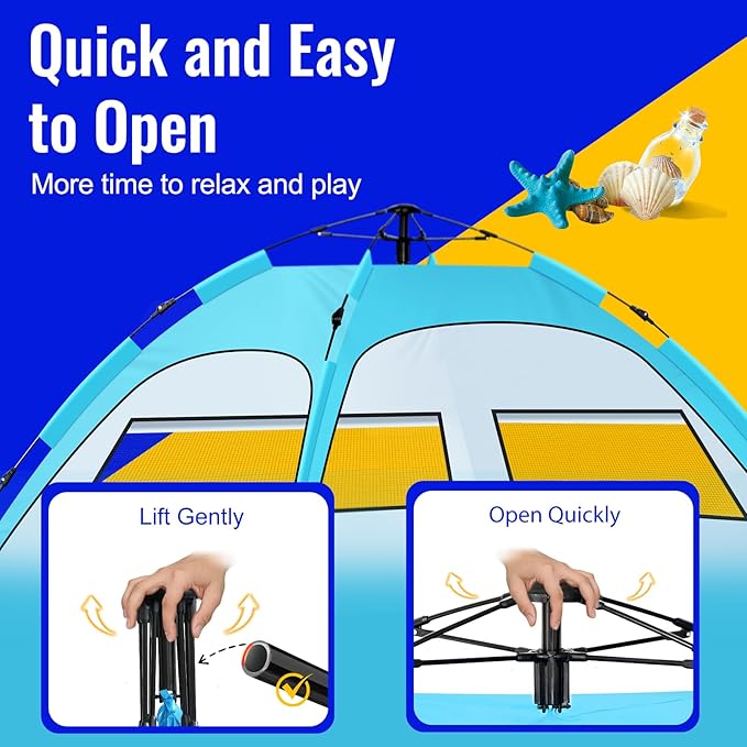 Beach Tent Sun Shade for 4-5 Person Two Doors Large Pop Up Beach Tents for Adults and Kids Portable Automatic Instant Sun Shelter Canopy Tent UV 50+ Ideal for Garden Fishing Picnic