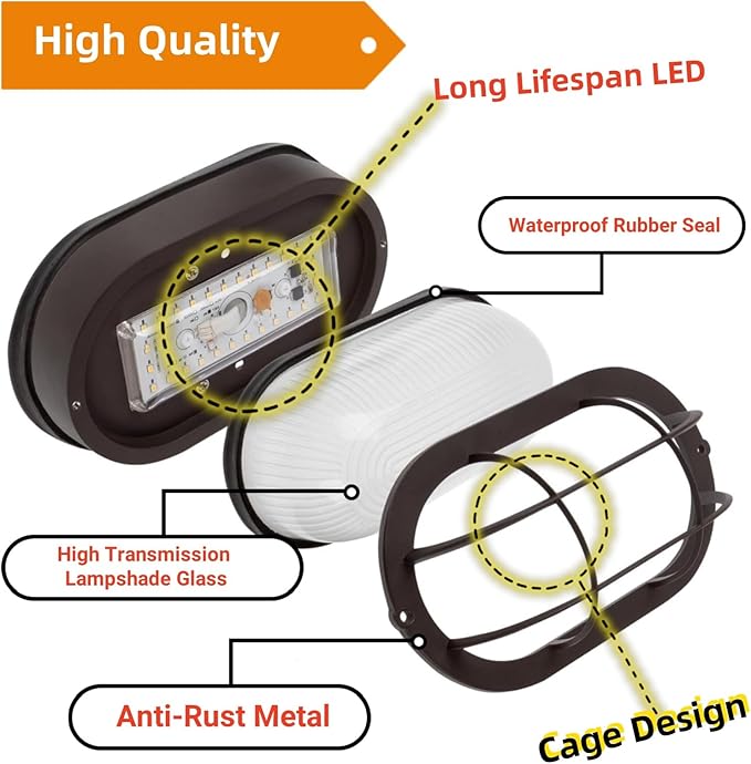 WISBEAM 2 Pack LED Bulkhead Light Outdoor Bulkhead LED Wall Light Dimmable 6W Replace 60W 450 Lumen 3000K Daylight White 80CRI Water-Proof ETL Rated