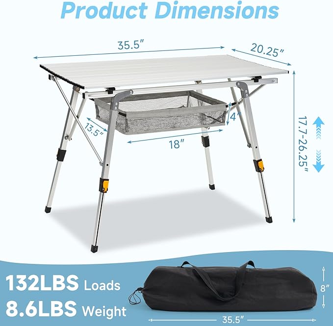 Camping Table Portable Foldable with Adjustable Legs Aluminum Roll Up Table with Large Mesh Storage Layer &amp Carrying Bag Lightweight Outdoor Picnic Table for Camping Beach BBQ Backyard