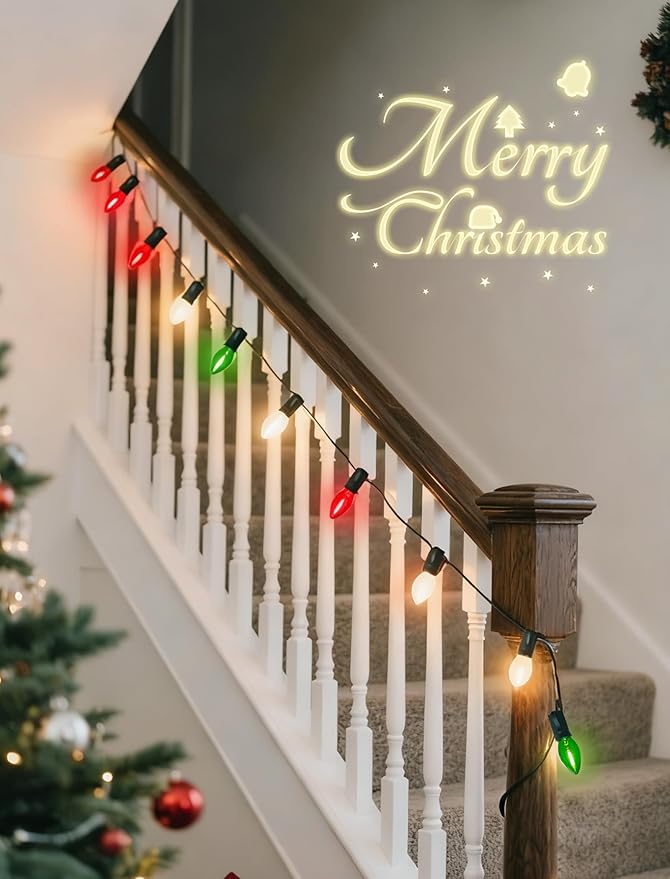 C7 LED Red White and Green Christmas Lights 26Ft Vintage Outdoor Christmas String Lights with 27 LED Colored Bulbs Connectable Hanging Xmas Decorations Lights for Roofline House Garden Patio Party