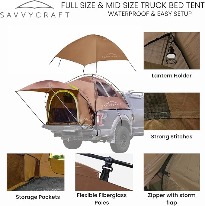 Savvycraft Pickup Truck Tent for Full Size and Mid Size Truck Short Bed and Long Bed Waterproof P3000mm 2-Person Double Layer Truck Bed Camping Tent Expandable Awning Rainfly Storage Bag Included