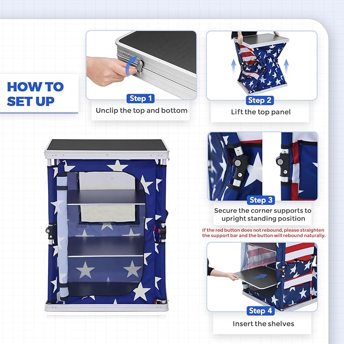 EAGLE PEAK Outdoor Folding Camping Table with Large 3-Tier Storage Organizer and Side Pockets Easy Set Up Portable Aluminum Camping Kitchen American Flag