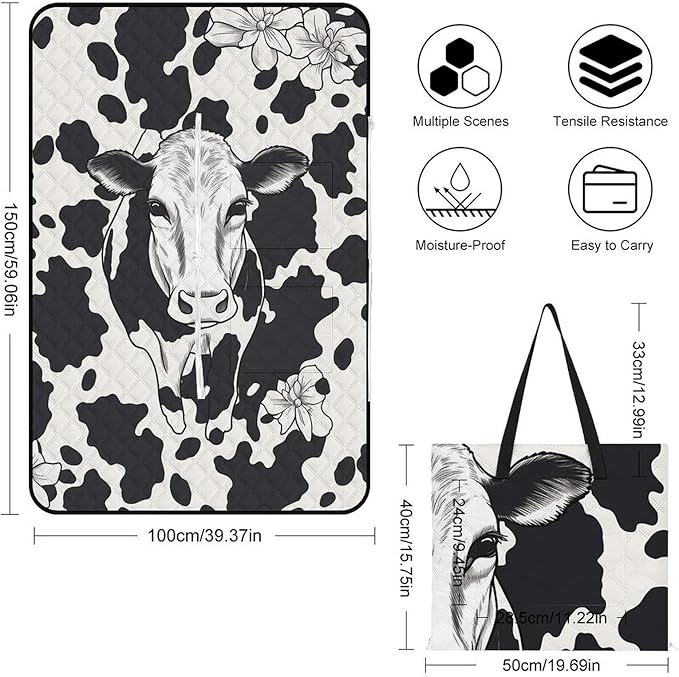 Zipper Black and White Cow Style Picnic Mat Suitable for Travel Camping Park Or Home Use