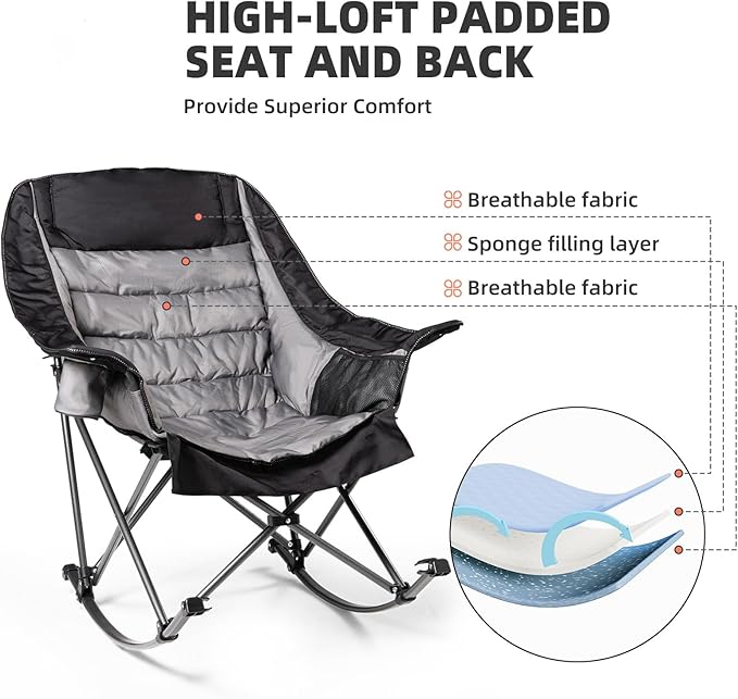 Oversized Rocking Camping Chair for Adults - 400lbs Capacity Padded Camp Chair with Cup Holder Portable Foldable Outdoor Rocker Chair for Camping Backyard Patio (Black &amp Gray)