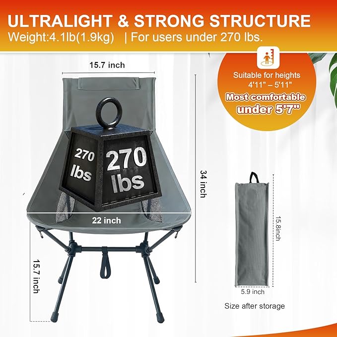 IEJ Ultralight High-Back Camping Chair - Portable Folding Backpacking Chair with Anti-sag Footmuffs Supports up to 300 lbs Compact and Durable for Outdoor Activities - Grey