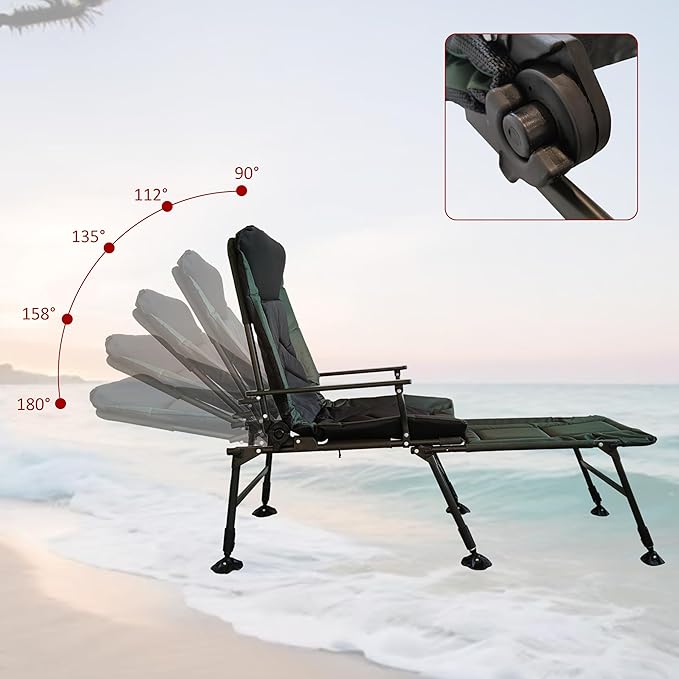 Camping Lounge Chair with Detachable Footrest Portable Folding Reclining Camping Chair with Adjustable backrest for Indoor and Outdoor Camping Beach Hiking Fishing Green+Black
