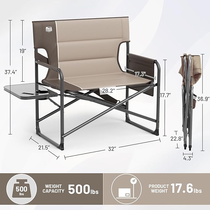 Timber Ridge XXL Director’s Chair – Heavy Duty Folding Camping Chair for Adults 500lb Capacity Extra Wide Padded Seat for Camping Sports Lawn Courtyard and Outdoor Use Tan
