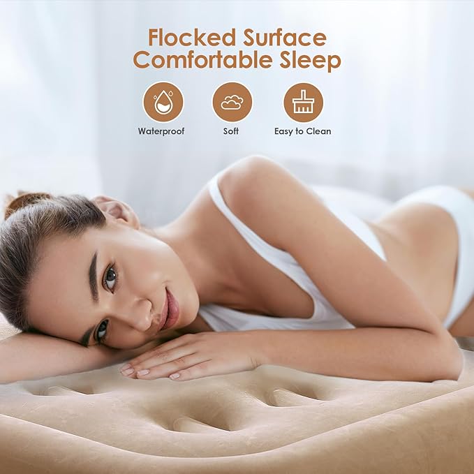Air Mattress Queen with Built in Pump 18'' Luxury Inflatable Mattress 3 Min Fast Blow up Mattress with Dual-Chamber Comfort Top - Velvety Air Bed for Home Camping Travel Guests White + Khaki