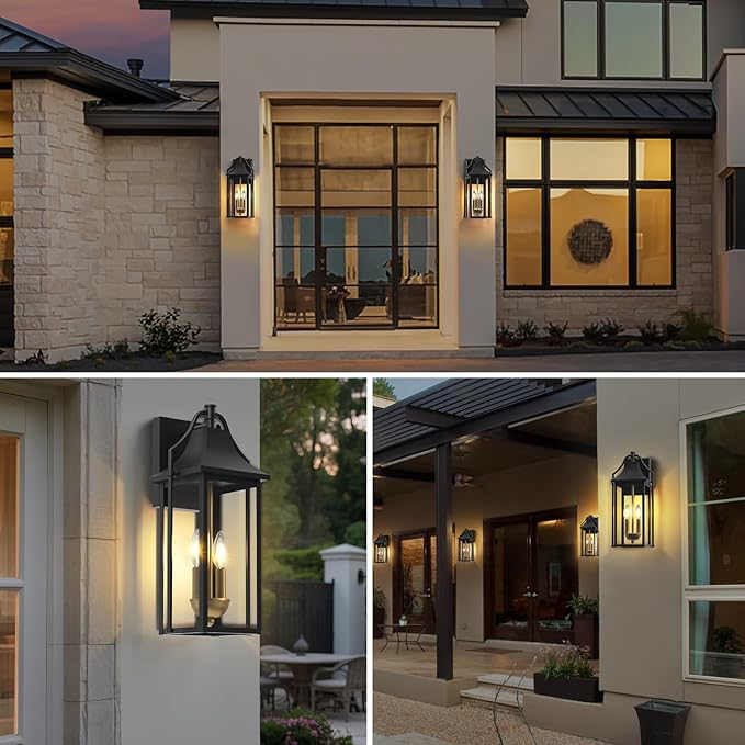 𝟏𝟖𝑰𝑵 Outdoor Wall Sconce Fixture Dusk to Dawn Patio Lights Waterproof Exterior Lanterns 2-Light Modern Wall Lights Mounted with Glass Black Outside Light for House Front Door Decor