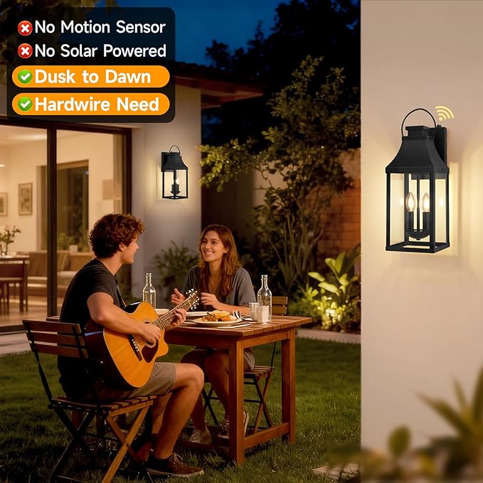 tewei Dusk to Dawn Outdoor Lighting Fixture 20'' Large Porch Lights Outdoor Sconce Lights 2-Light Black Exterior Lights for House Waterproof Outside Patio Lanterns for House Garage 1-Pack