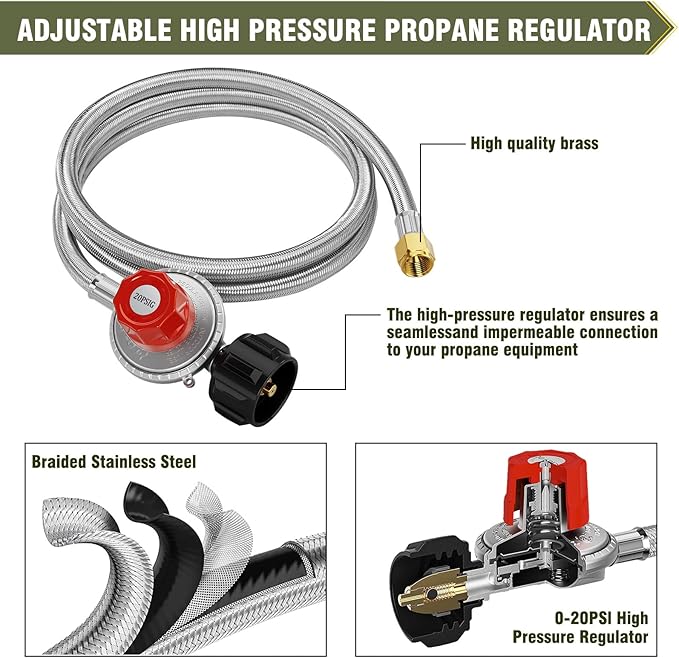 BESTFIRE High Pressure Cast-Iron Propane Burner HeadTaper Burner Head with 20 PSIG Adjustable High Pressure Propane Regulator with Hose and Brass Fitting for Propane Burner Head for Cooking Outdoor