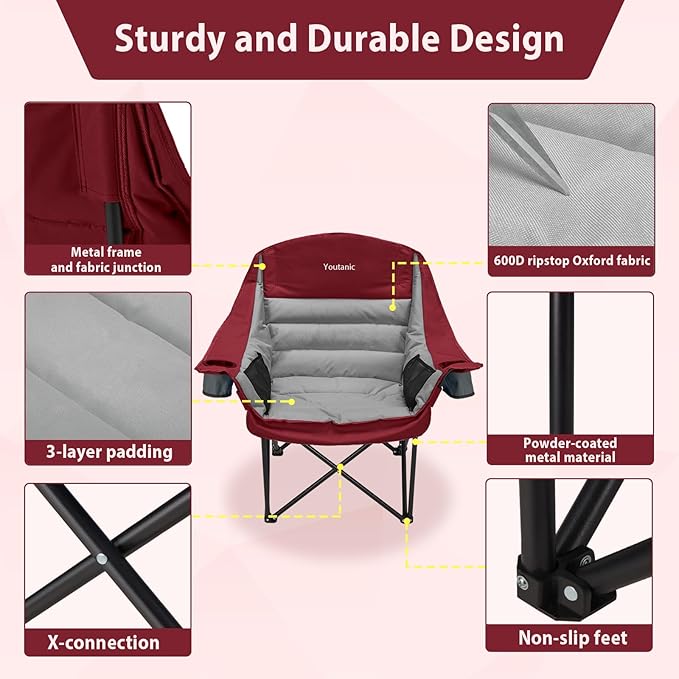 Oversized Camping Chair Portable Folding Camping Chairs with Side Pocket Cup Holder and Carry Bag Heavy Duty Outdoor Camping Chairs for Adults Fishing Sports Trip up to 400lbs Style 3