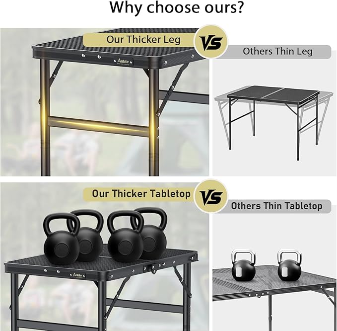 Anbte 2ft Folding Grill Table Max 29.5 3 Adjustable Height Lightweight Camping Table with Heat-Resistant Mesh Tabletop Portable Handle Waterproof for Cooking BBQ Outdoor 22.8 X 16 Black
