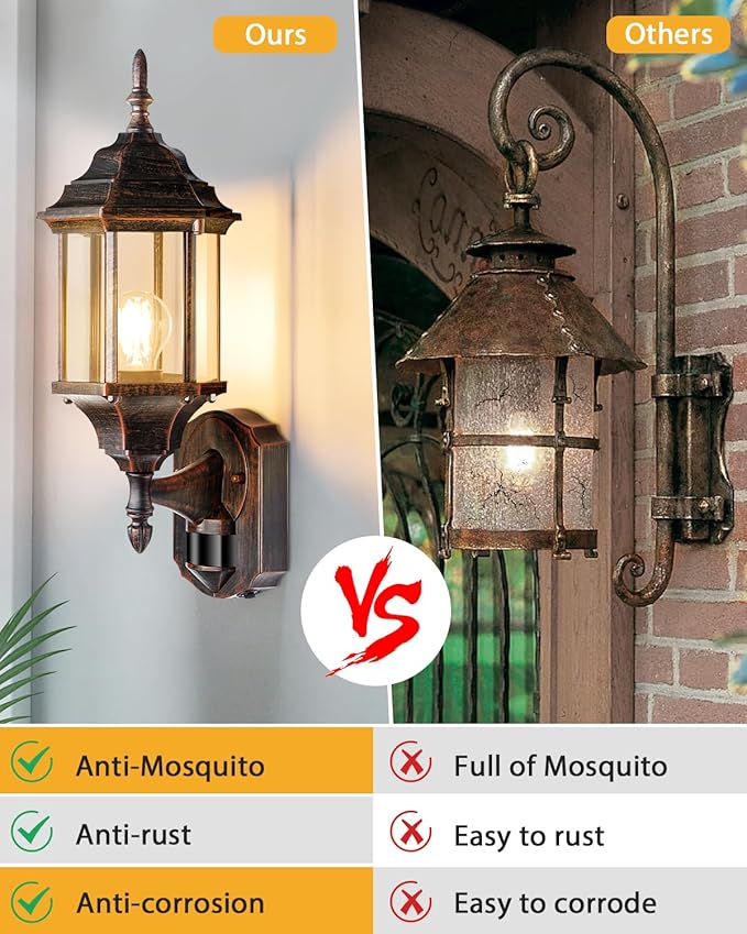 Redluck Motion Sensor Outdoor Lights 16 inch Dusk to Dawn Outside Porch Lights Waterproof Anti-Rust Aluminum Outdoor Wall Lights for House Garage Front Door Antique Black and Bronze Gold