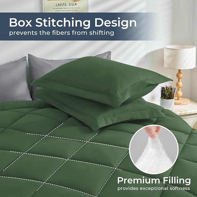 HEVUMYI Queen Comforter Set - 7-Piece All Season Bed in a Bag Queen Ultra Soft Bedding Set with Comforter Flat Sheet Fitted Sheet Pillowcases Pillow Shams Green &amp Light Grey