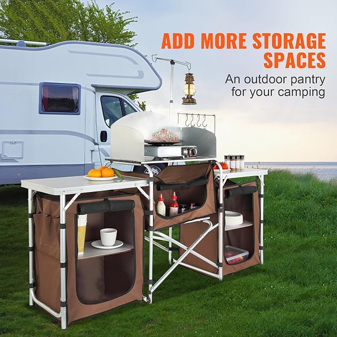Happybuy Camping Kitchen Table Folding Outdoor Cooking Station with Storage Bag Aluminum Cook Table with 3 Cupboards &amp Detachable Windscreen Quick Setup for Picnics BBQs RV Travel Brown