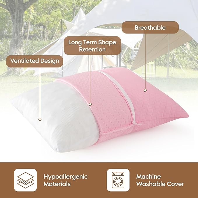Small Shredded Memory Foam Pillow Camping Pillow Travel Pillow - Compressible Medium Firm Breathable Cover Ideal Backpacking Hiking Airplane and Car (Apricot Pink L)