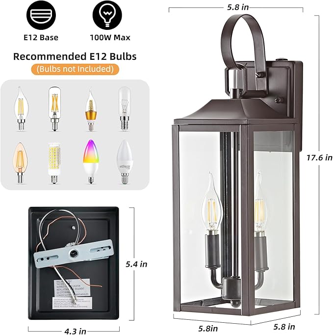 OKELI 17.6 2-Pack Dusk to Dawn Outdoor Lighting Large Exterior Porch Lighting 2-Light Farmhouse Outside Lantern Lights with Clear Glass Waterproof Wall Sconces Lamp for House Garage Brown