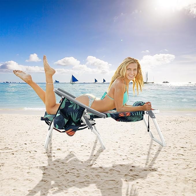 GYMAX Beach Chairs Backpack Camping Chair with Armrest Cooler Bag Cup Holder Towel Bar &amp Side Pockets Sunbath Sling Tanning Lounge Folding Layout Chair (Without Table Flower)