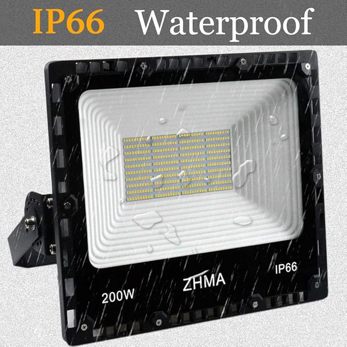 200W LED Flood Light Outdoor 20000lm Super Bright Work Lights IP66 Waterproof Security Light with Plug &amp Switch 6500K White Spotlight for Garden Yard Garage Basketball Court Lighting