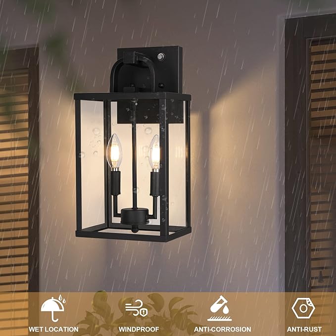 PARTPHONER Large Outdoor Light Fixutre 2-Light Dusk to Dawn Outdoor Lighting Farmhouse Front Porch Light Exterior Wall Lantern Sconce with Clear Glass for Entryway Doorway House Garage