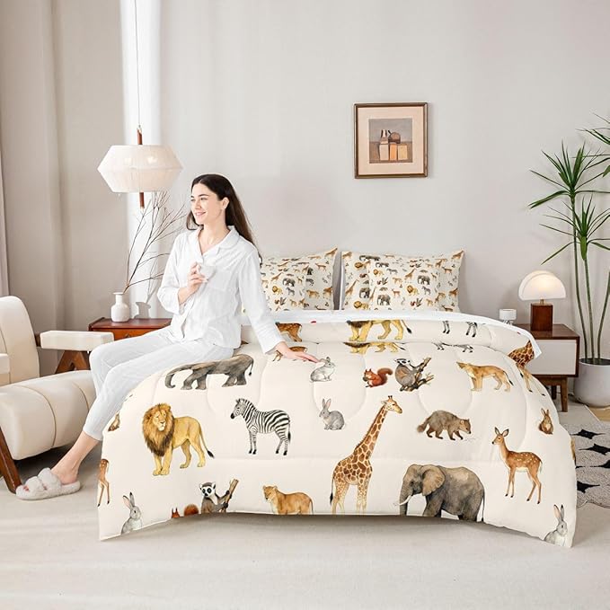 Zoo Animal Comforter Set with SheetsPillowcases &amp Cushion Cover Cute Giraffe 7 Piece Bedding Set for Kids Boys Girls Teens Room Decor Cartoon Animal Bed in a Bag Full Size Wildlife Microfiber