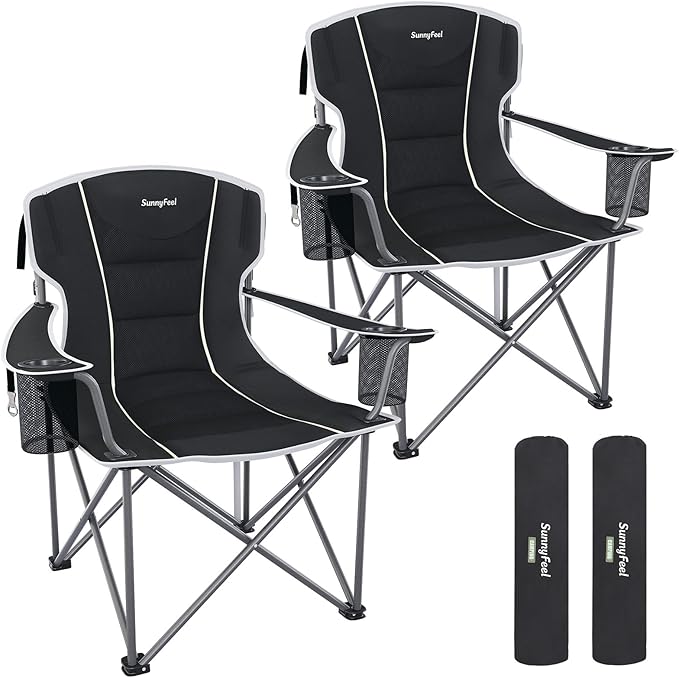 SUNNYFEEL Oversized Camping Chair 2 Pack for Big &amp Tall Adults Heavy Duty Folding Camp Chair Supports 500 lbs High Back Lawn Chair with Cup Holder Portable Outdoor Chair for Camping Fishing &am