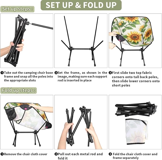Honeybaby Folding Camping Chair Flower Sunflowers Theme Camping Chairs Lightweight Portable Chair Outdoor Foldable Chairs for Camping Travel Picnic Beach Hiking