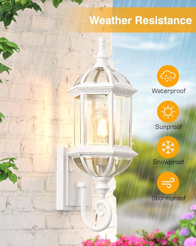 VIANIS Dusk to Dawn Porch Lights Outdoor Classic White Outdoor Wall Lights Anti-Rust Outside Lights for House with Tempered Beveled Glass Waterproof Exterior Lighting Fixtures for House Entryway