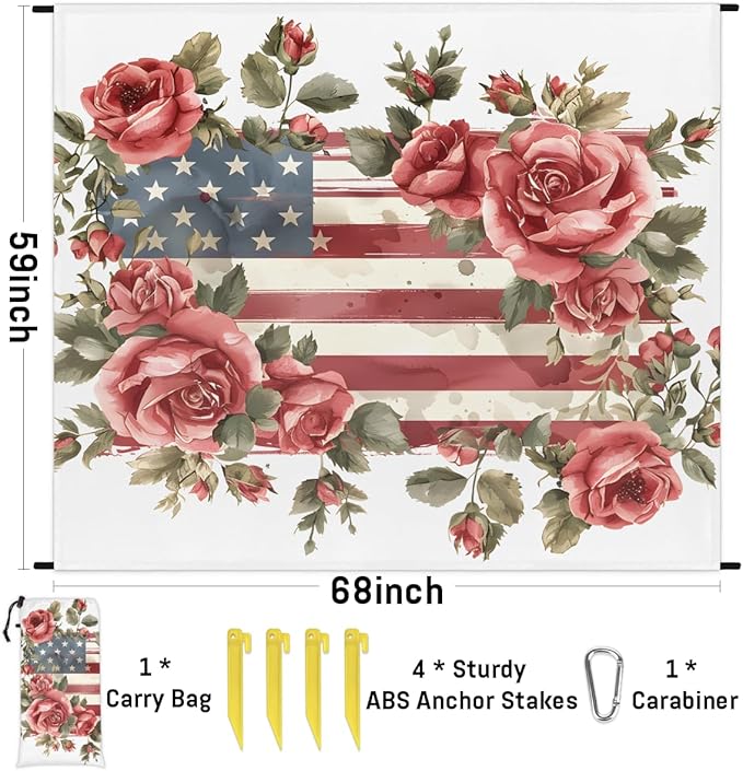 Waterproof Sandproof Beach Blanket 59''×68'' Country Polyester Outdoor Picnic Blanket with 4 Stakes &amp Storage Bag for BeachCampingVacation Rosebush