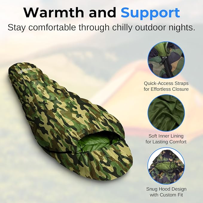 SereneLife 0 Degree Mummy Sleeping Bag – Military-Style Lightweight &amp Waterproof for Extreme Cold Stays Warm in 5–10°F No-Snag Zipper Compact Carry Bag &amp Travel Pillow for Camping &amp Ba